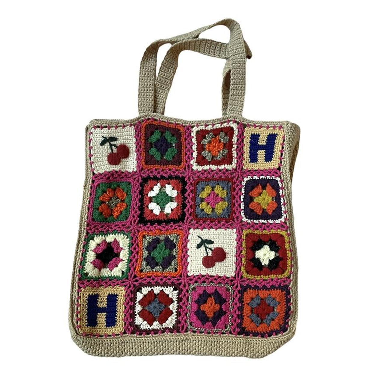 Hysteric Glamour crochet patchwork knit tote bag... - Depop