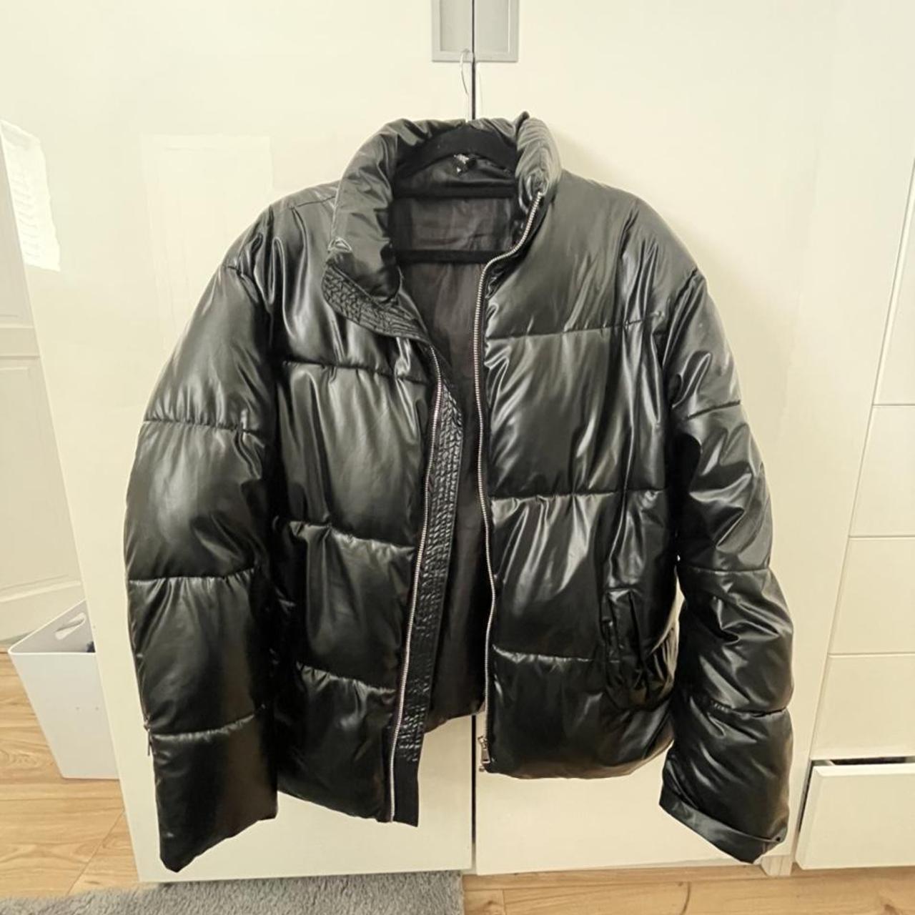 black faux leather puffer jacket with... - Depop