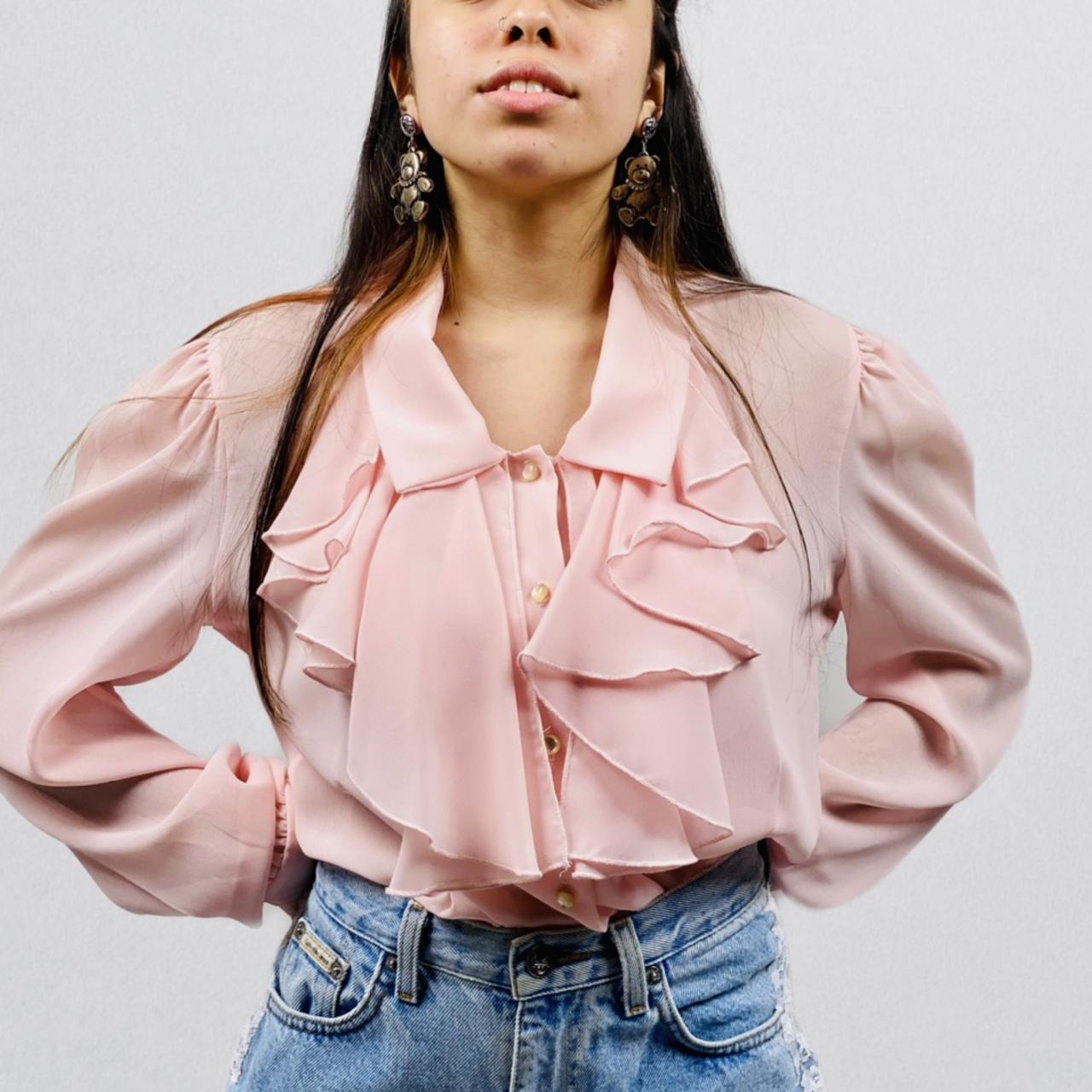 Vintage 80s pink ruffled jabot blouse. Button up... Depop