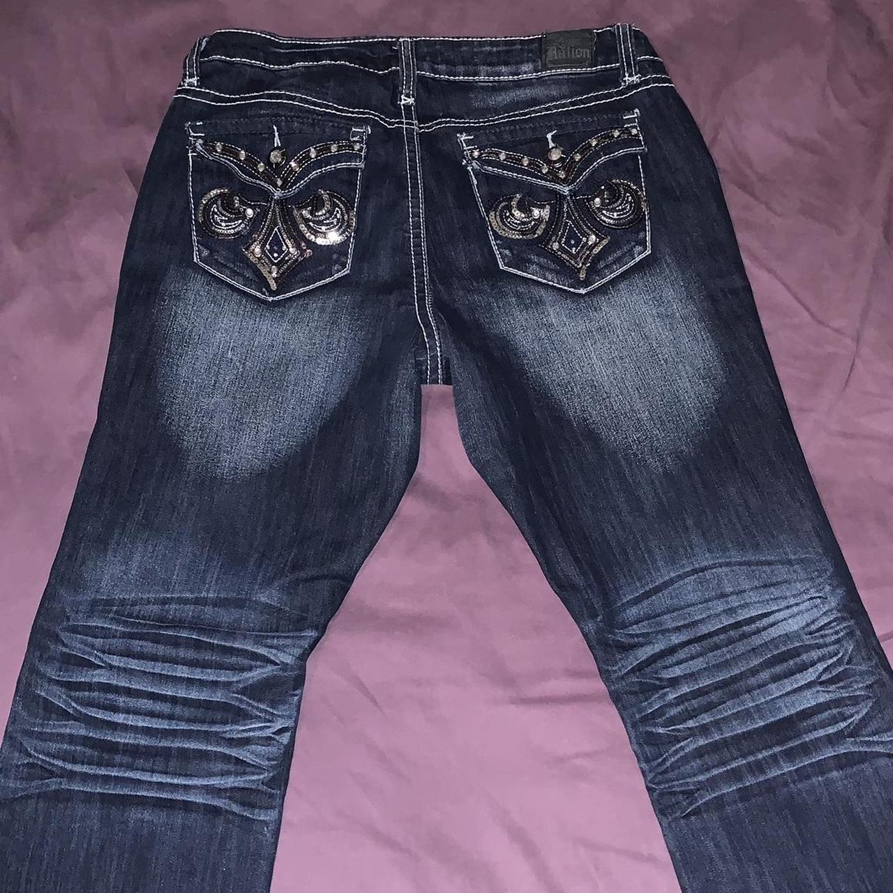 ADORABLE y2k rhinestones and sequin flare dark wash... Depop