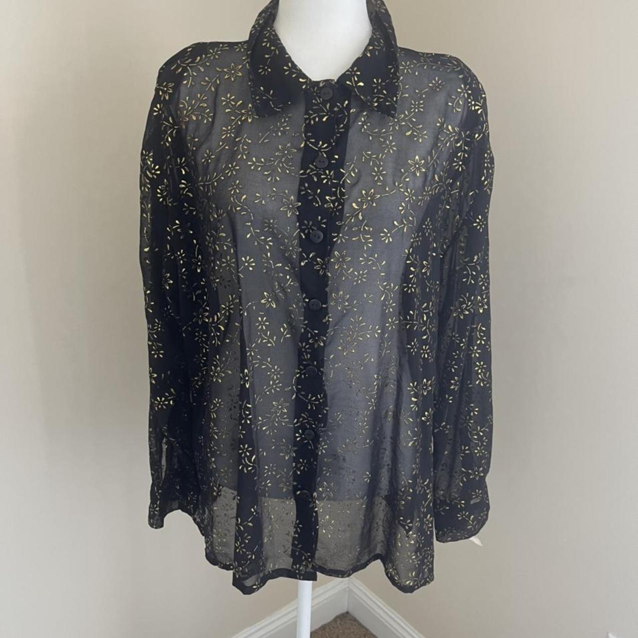 Vintage 90s black and gold sheer button up blouse... - Depop