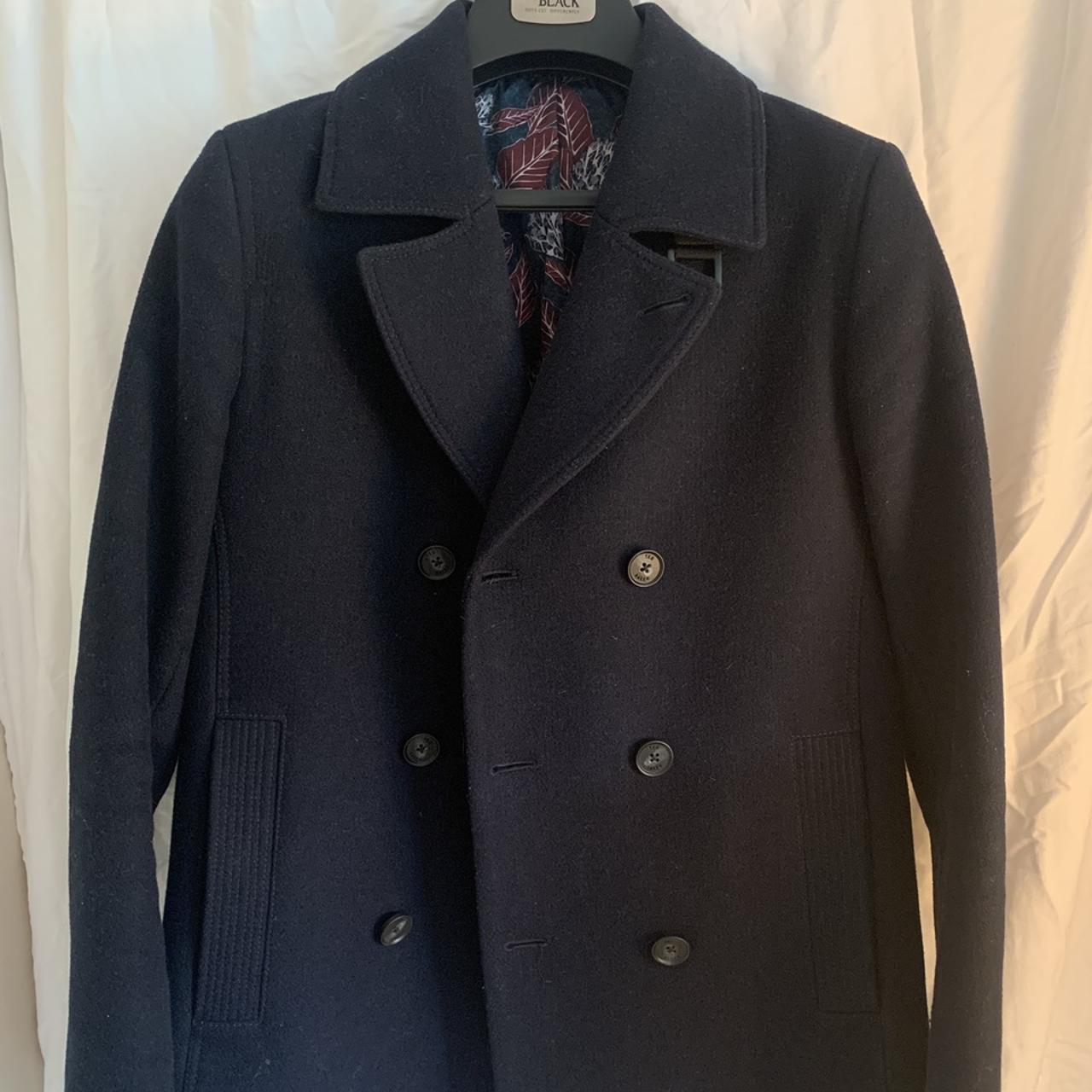 Ted Baker Mens Wool Pea Coat - Size 3 - Navy... - Depop