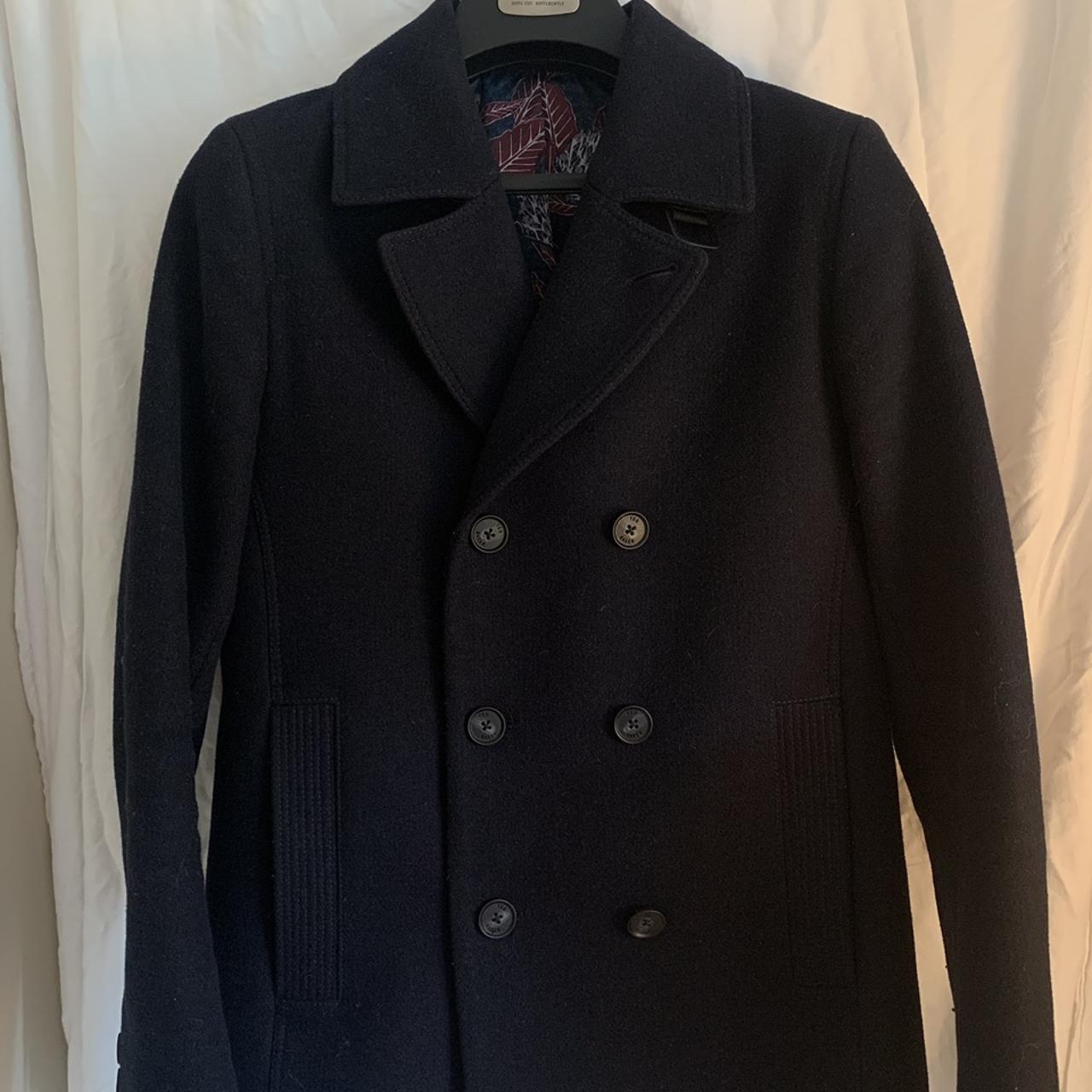 Ted Baker Mens Wool Pea Coat - Size 3 - Navy... - Depop