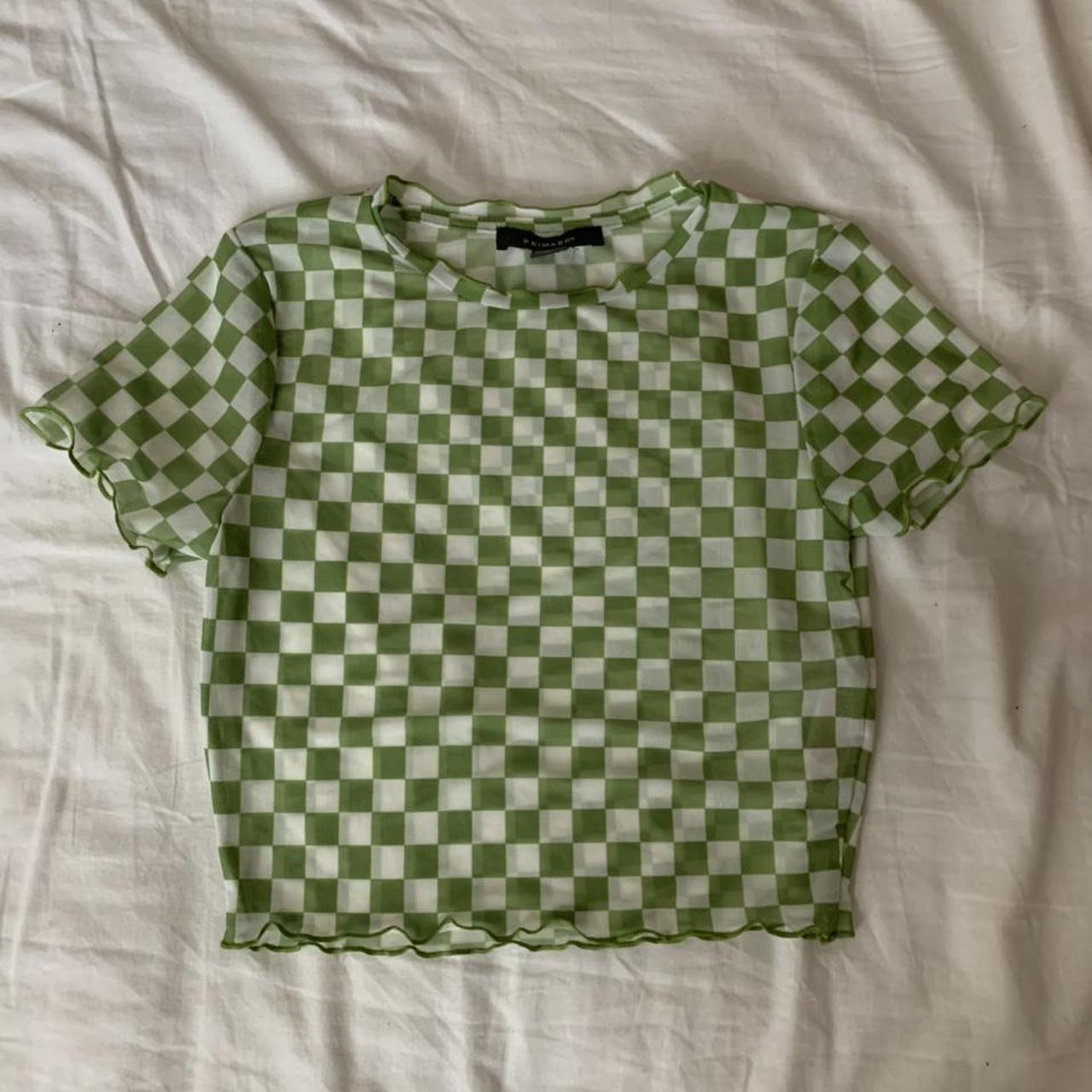 - green and white checkered mesh crop top t shirt... - Depop