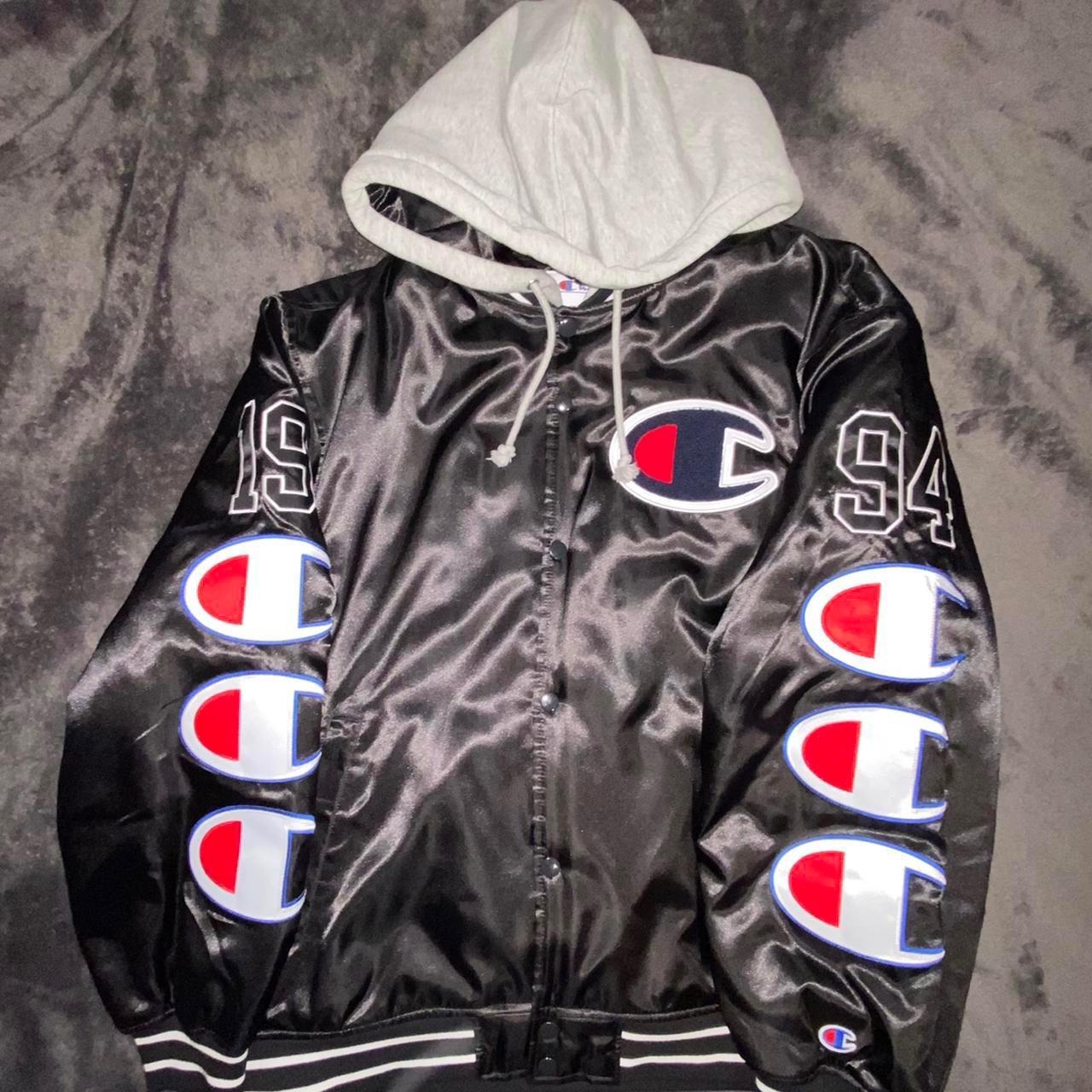 Champion hooded satin varsity jacket best sale