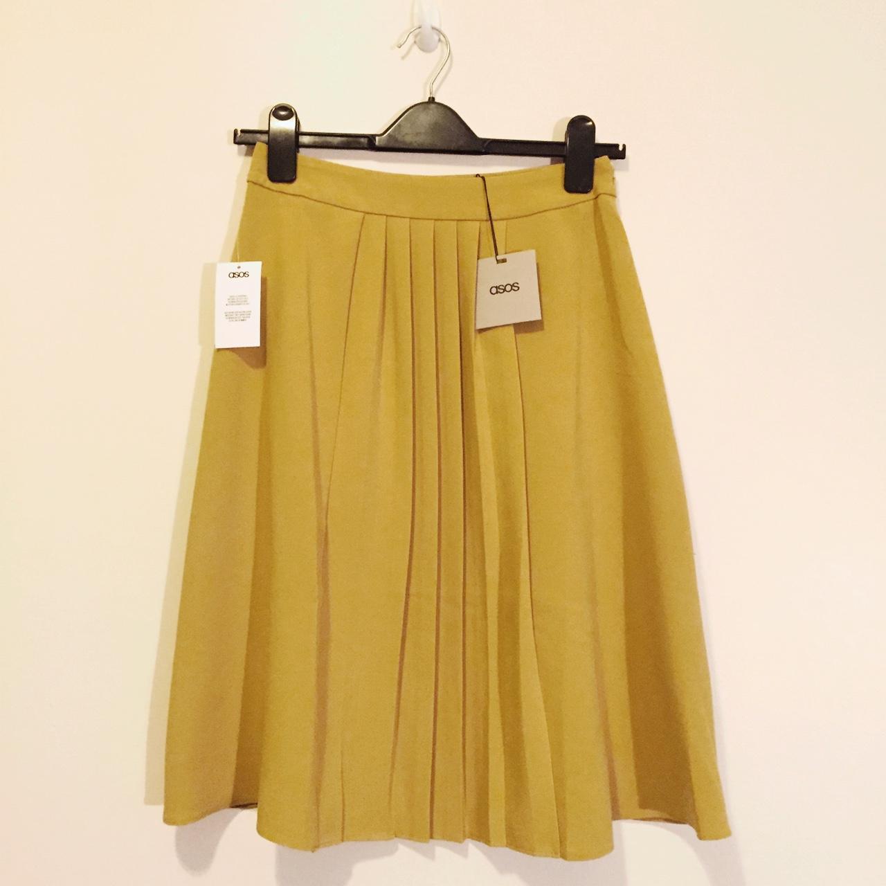 Asos mustard yellow pleated panel midi skirt size 8.... - Depop