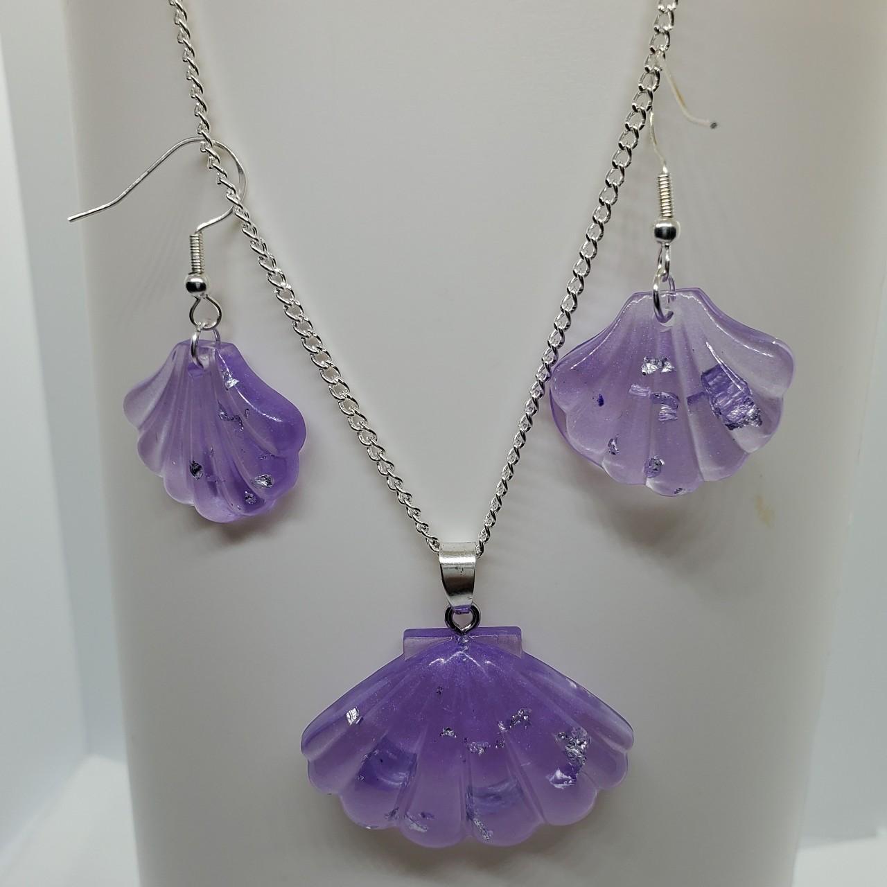 Purple pastel with foil seashell necklace earring... - Depop