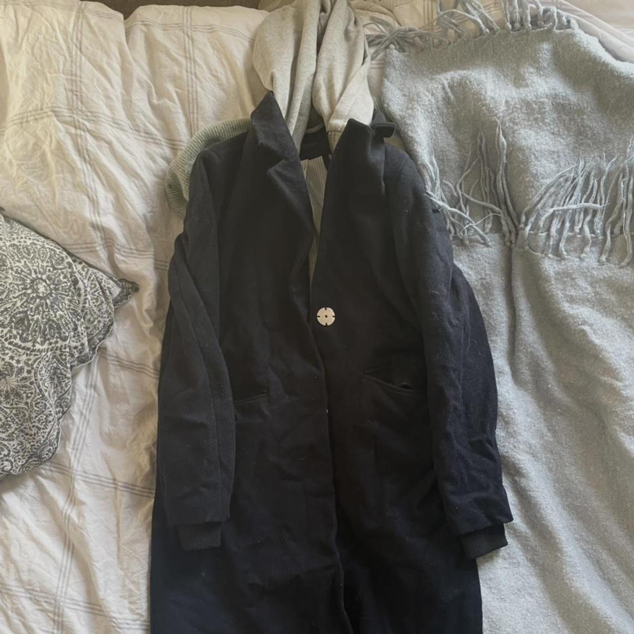 Long navy blue duster coat with grey hoodie inserted... - Depop