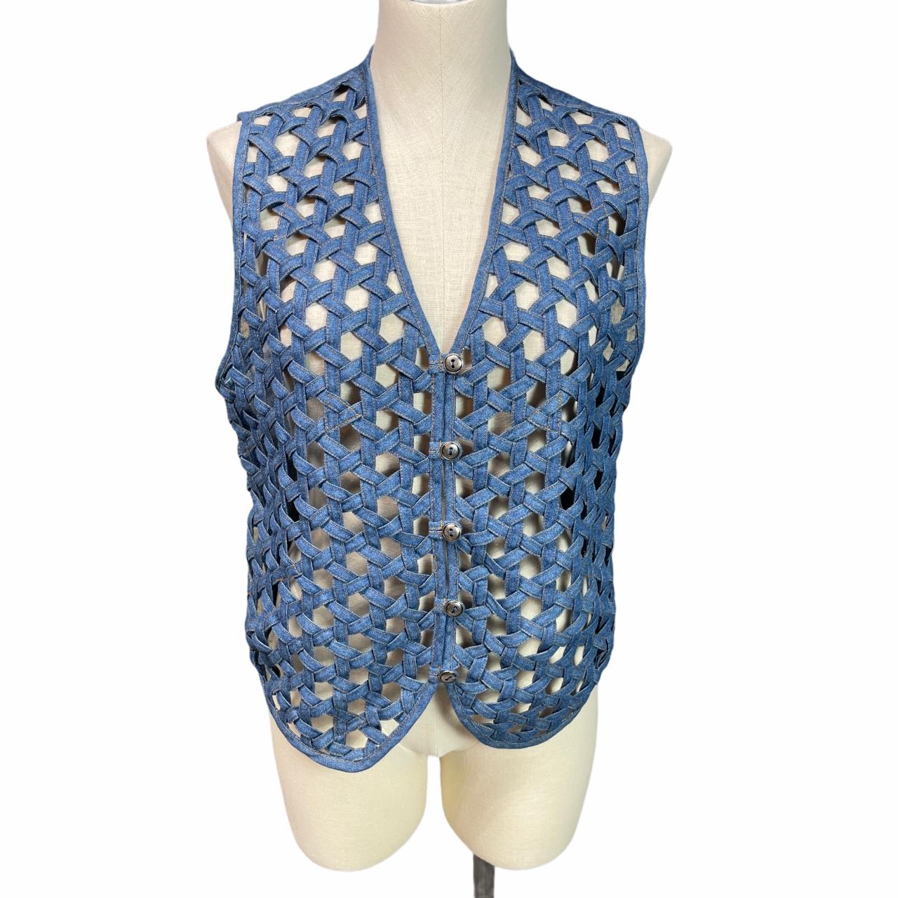 Vintage Denim Netted Button Vest Size: Small Bust:... - Depop
