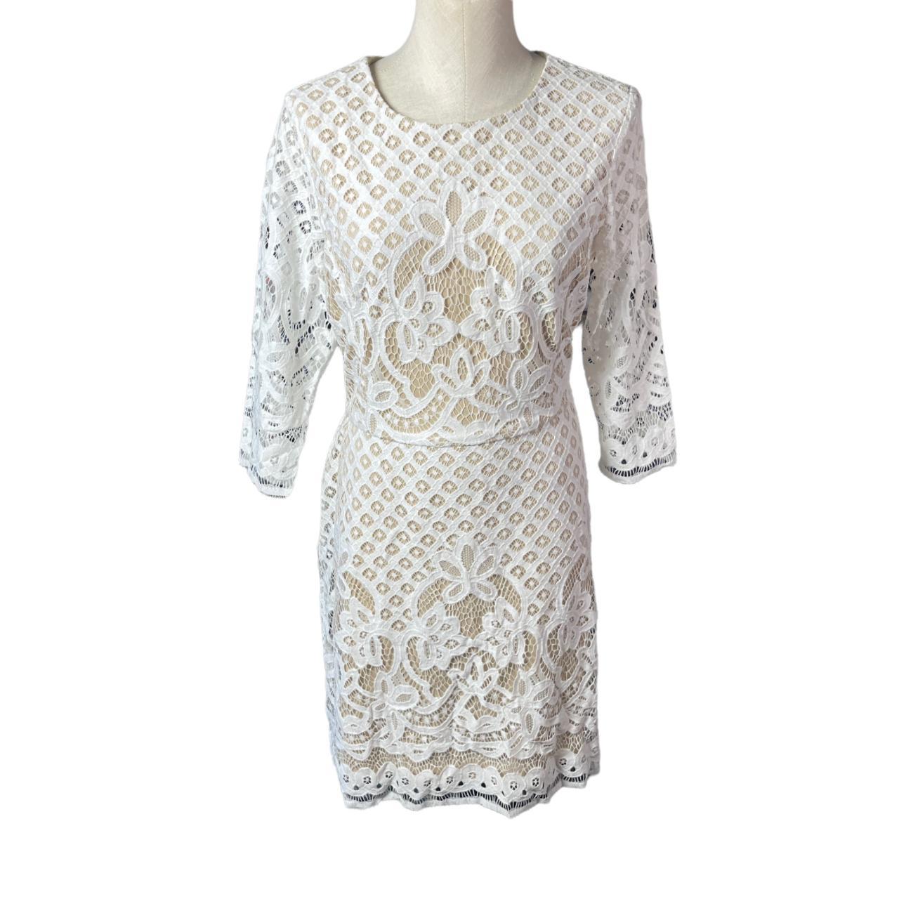 Gabby Skye White Floral Lace 3/4 Sleeve Bodycon Knee... - Depop