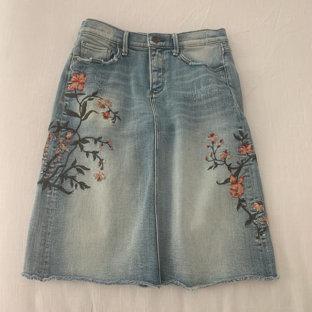 Floral Embroidered Midi Denim Skirt -like new -mamma... - Depop