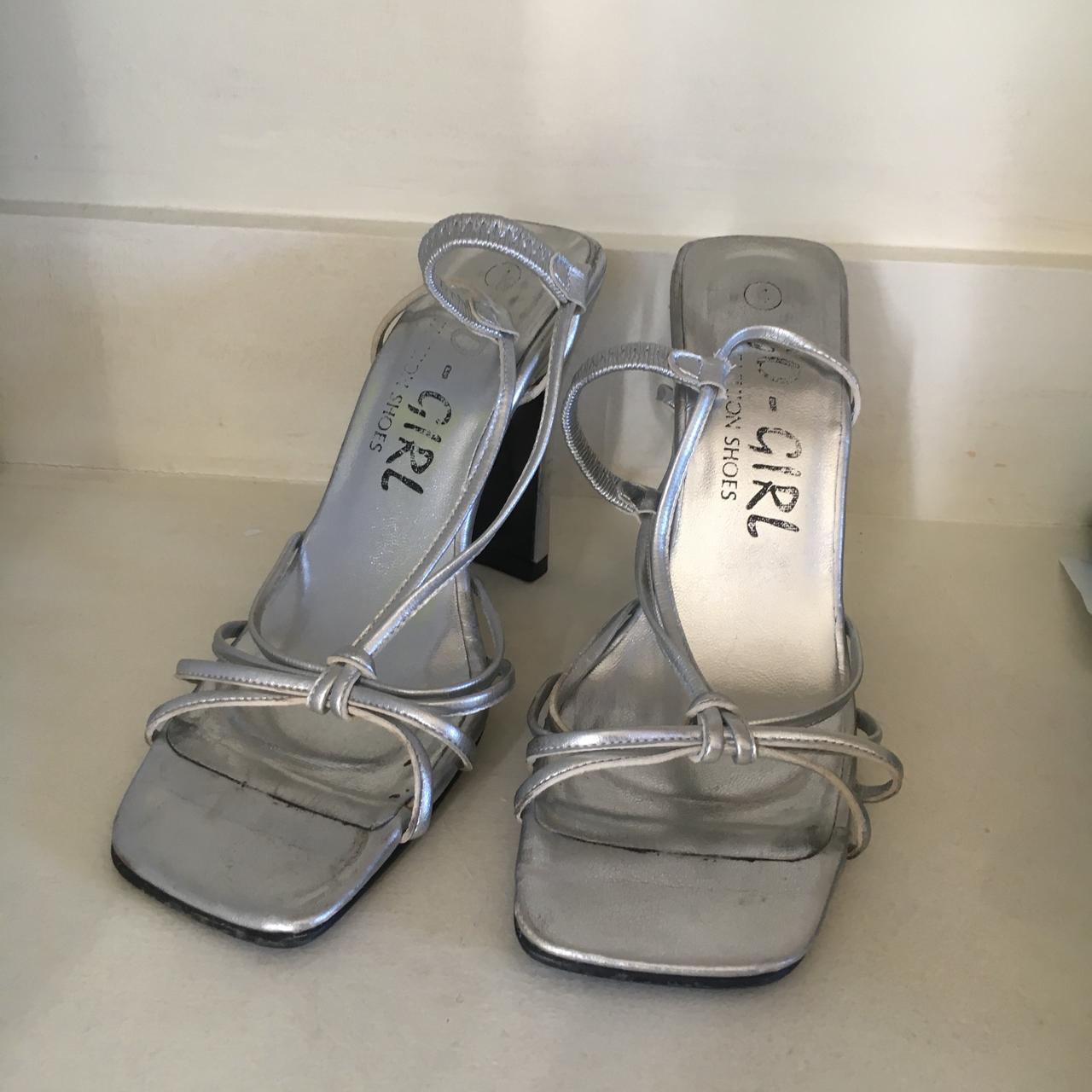 2000s vintage square toe strappy silver heels Worn... - Depop