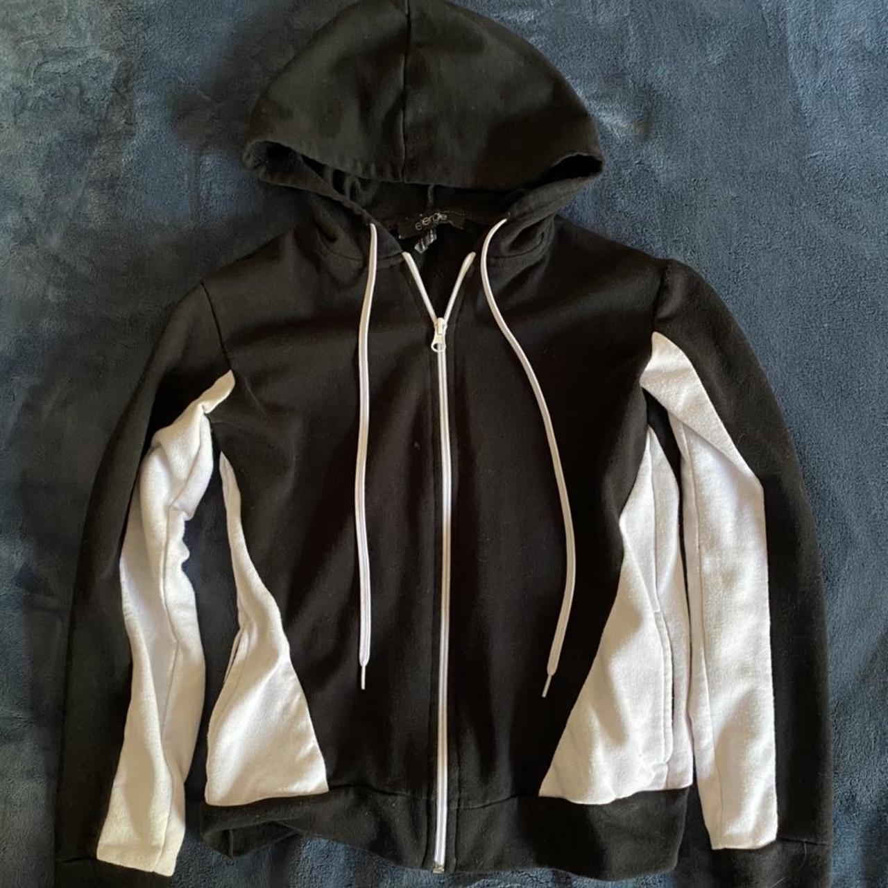 BLACK AND WHIYE ZIP UP HOODIE size: S brand: energie... - Depop