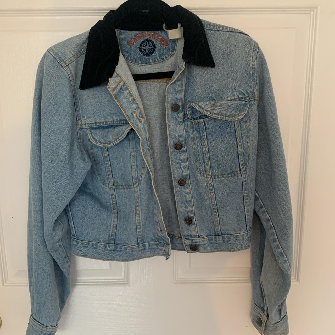 Vintage semi cropped denim jacket with black collar... - Depop