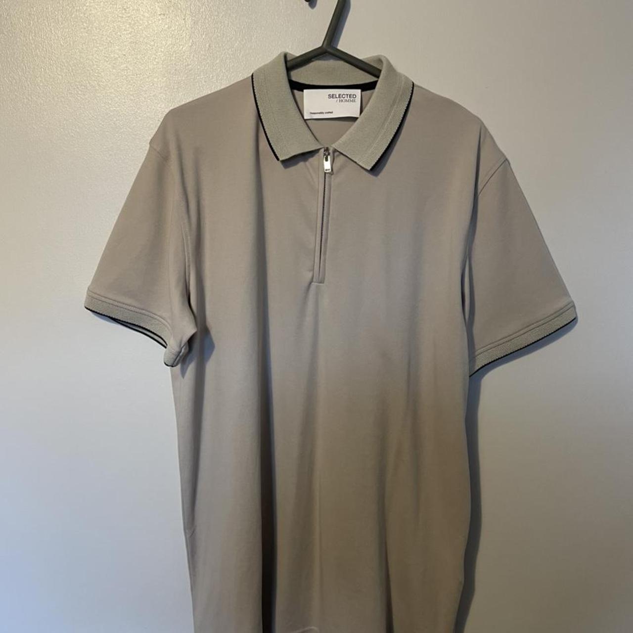 Mens zip up polo shirt, beige colour mint condition... - Depop