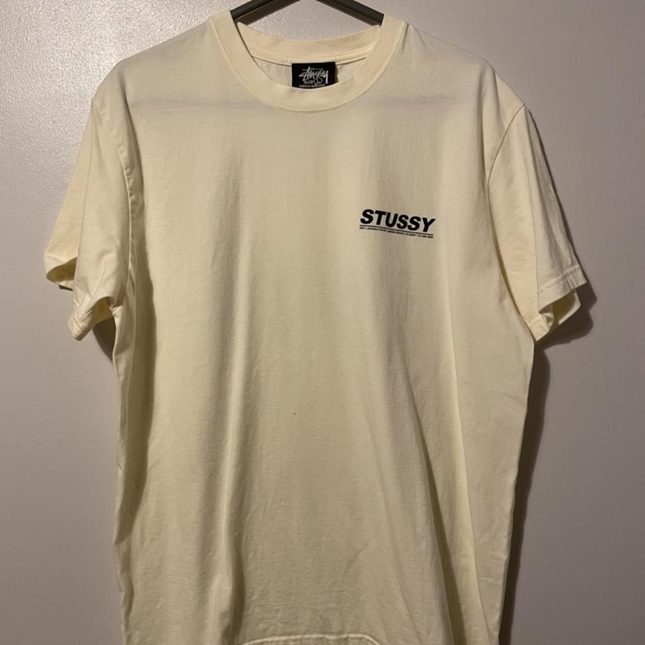 Mint cream stussy sunset tee, tiny stain at the... - Depop