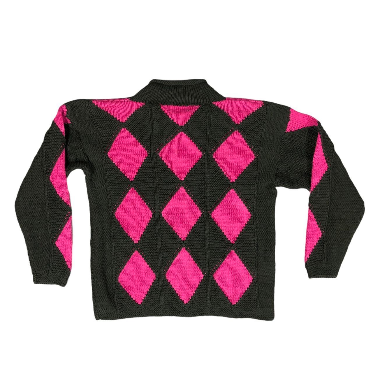 pink and black argyle sweater