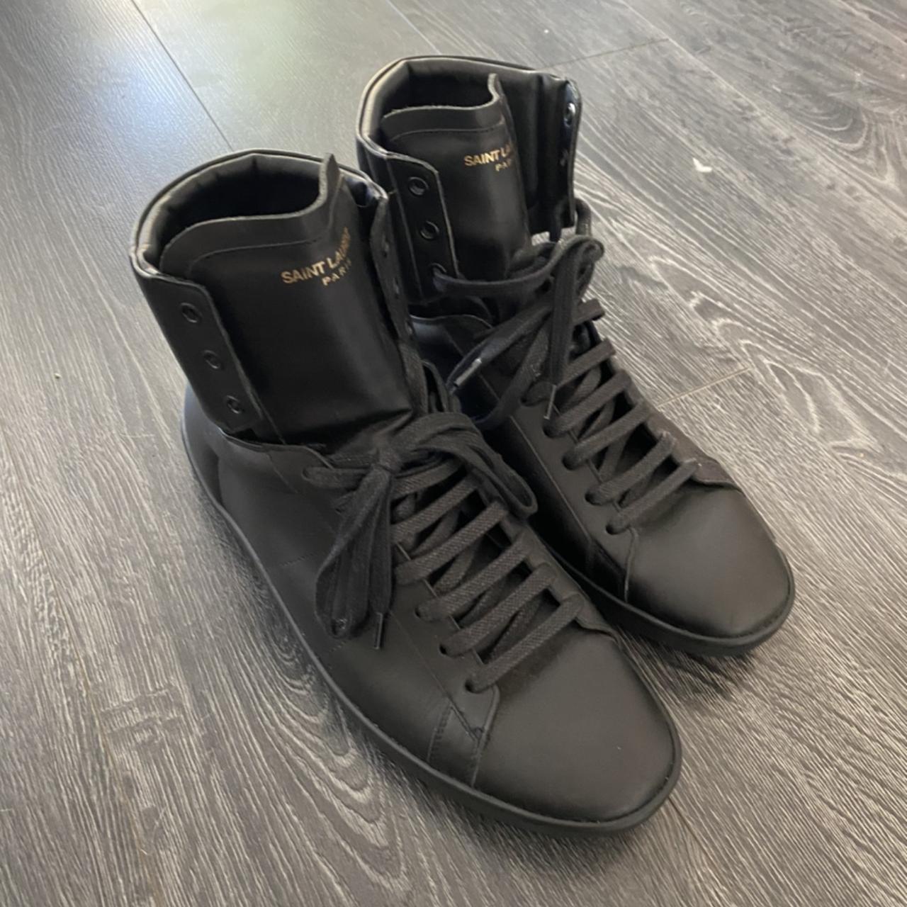 Saint Laurent Men’s black leather high top sneakers... - Depop