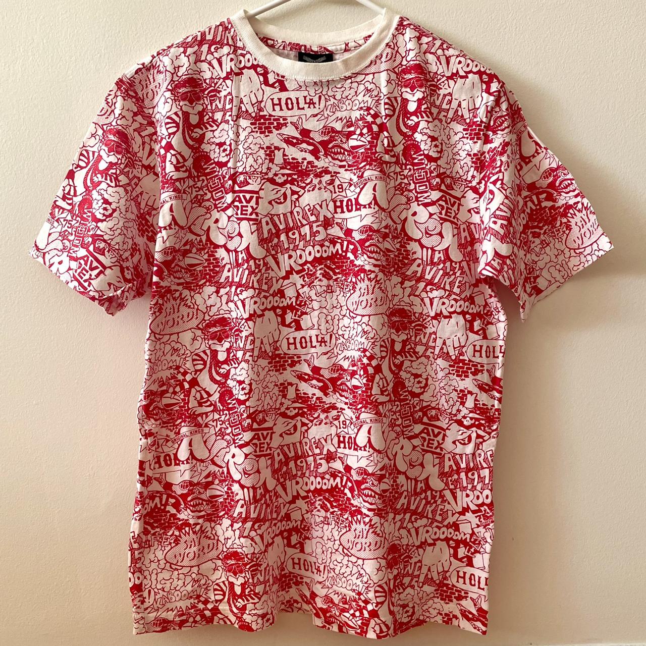 Avirex all over print red and white graphic tee.... - Depop