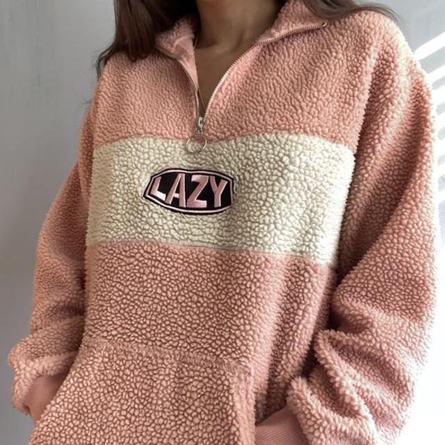 lazyoaf pink and white fleece color block 1 4 zip. Depop