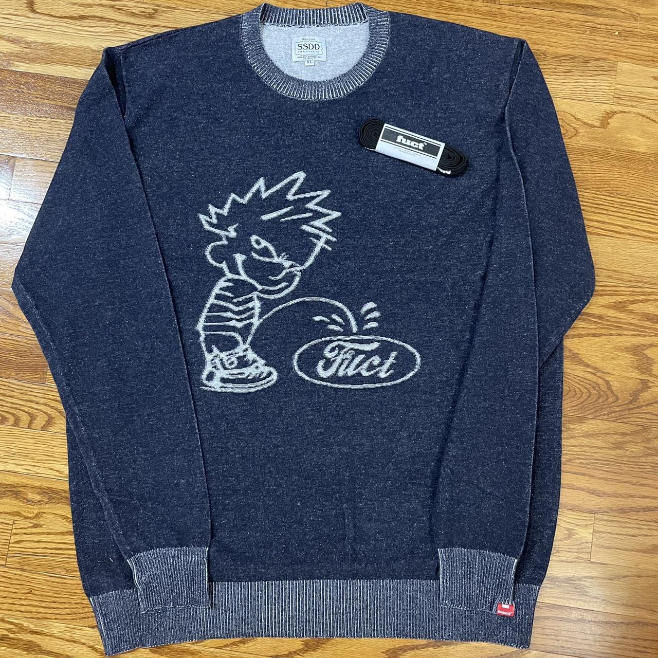 FUCT SSDD Calvin Ford “Pissed On” Sweater Color:Navy... - Depop