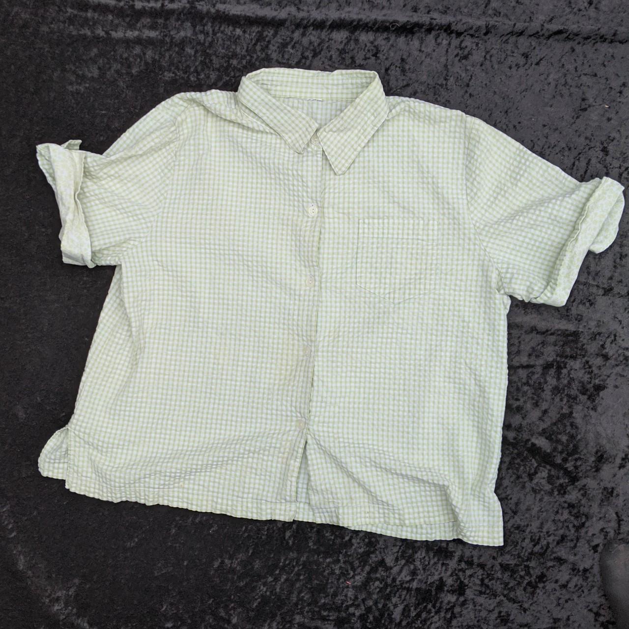Green Textured Gingham Button Up Short Sleeve Shirt... - Depop