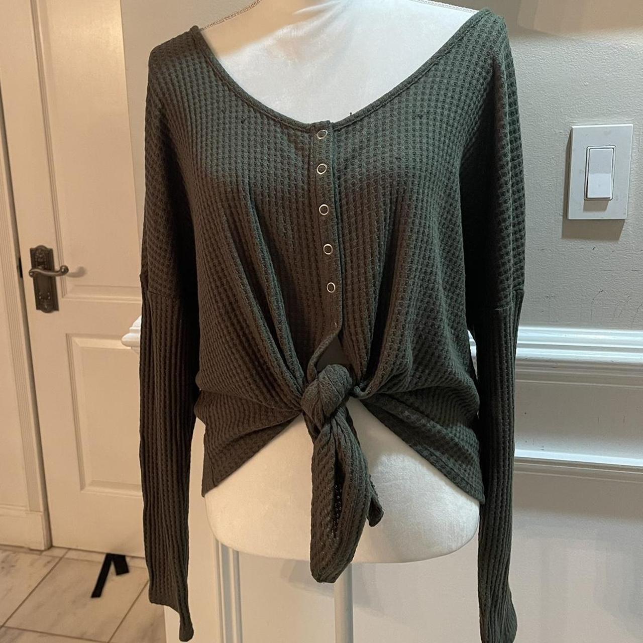 Waffle knit Olive Green tie front sweater. Can be... - Depop