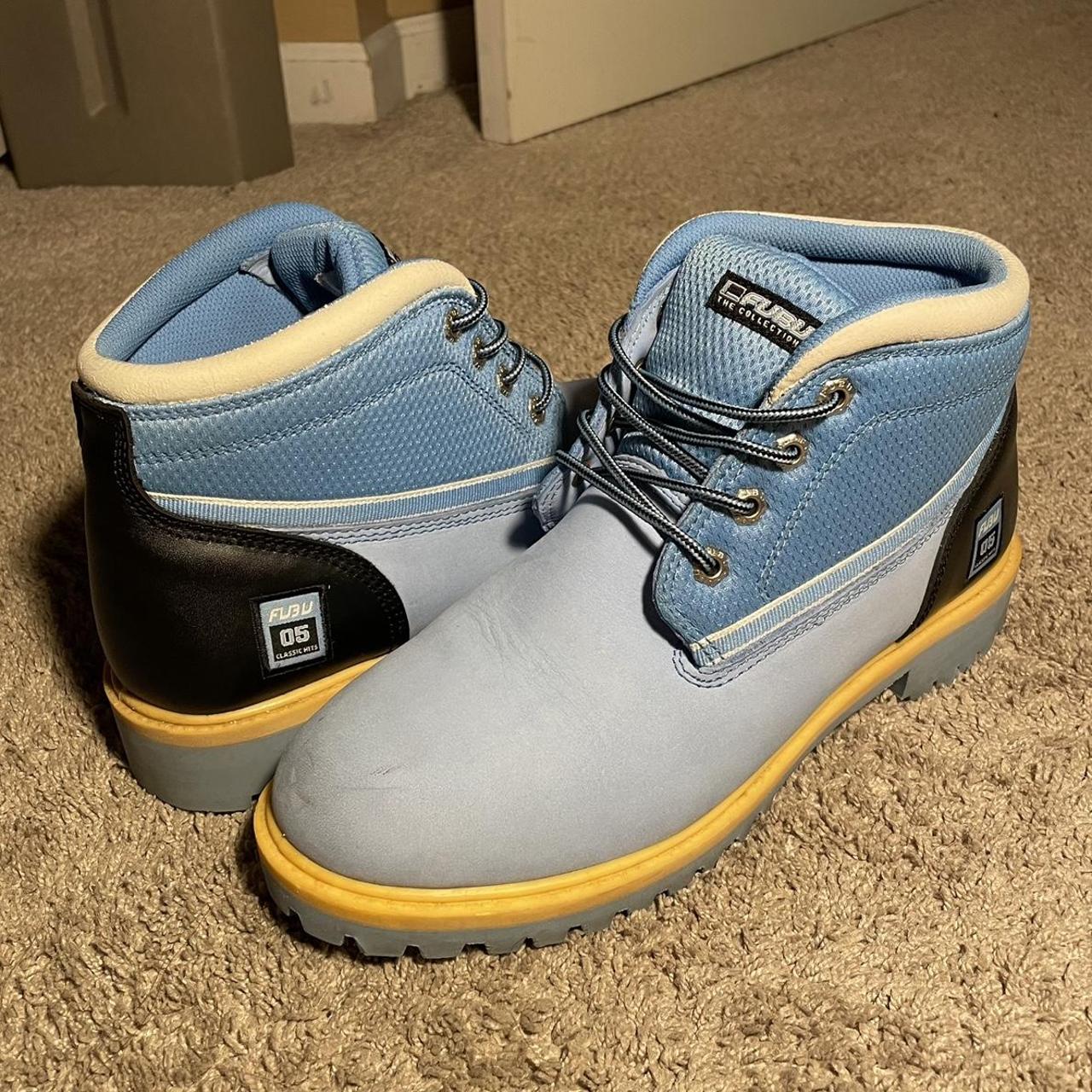 FUBU Men's Blue and White Boots Depop