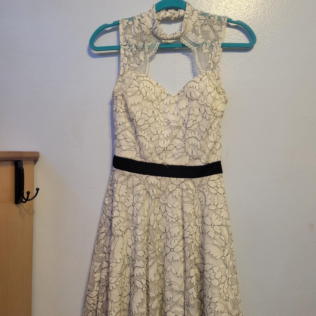 White dress with black mesh flower overlay. Key hole... - Depop