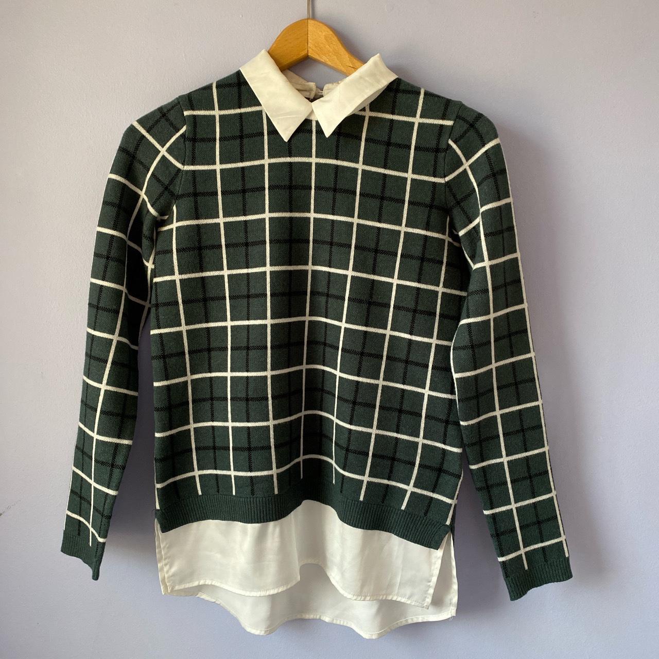 Green plaid sweater with white collar Size... Depop