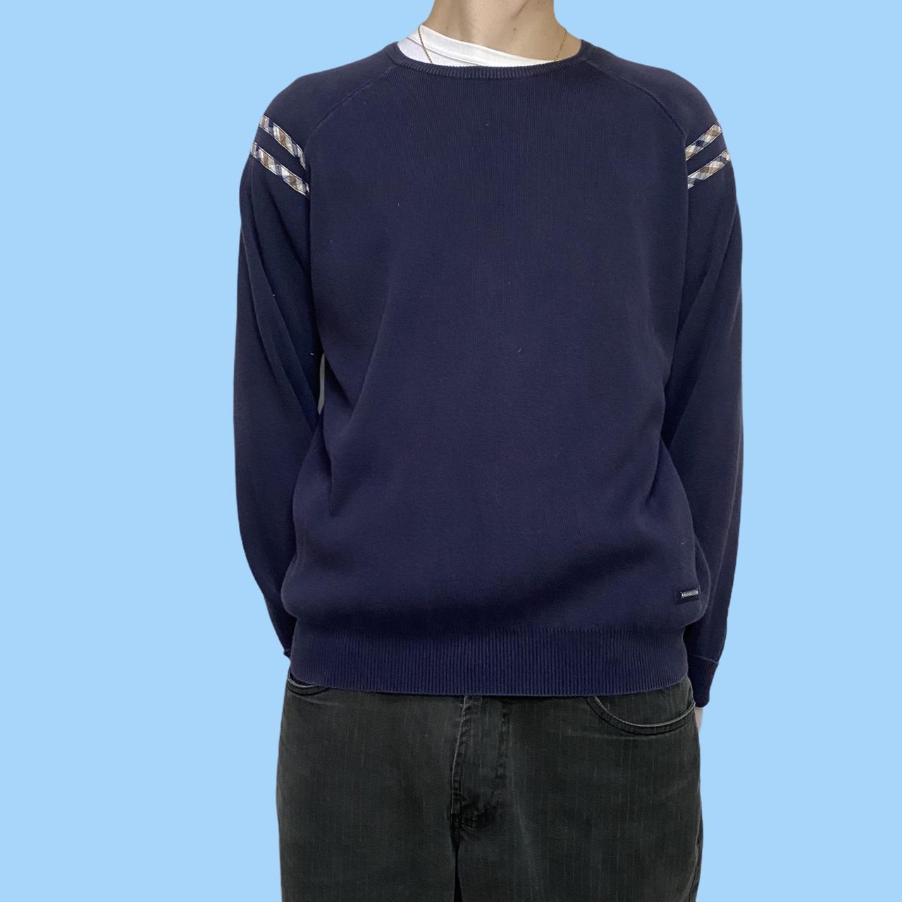 Vintage Aquascutum navy blue jumper with striped... - Depop