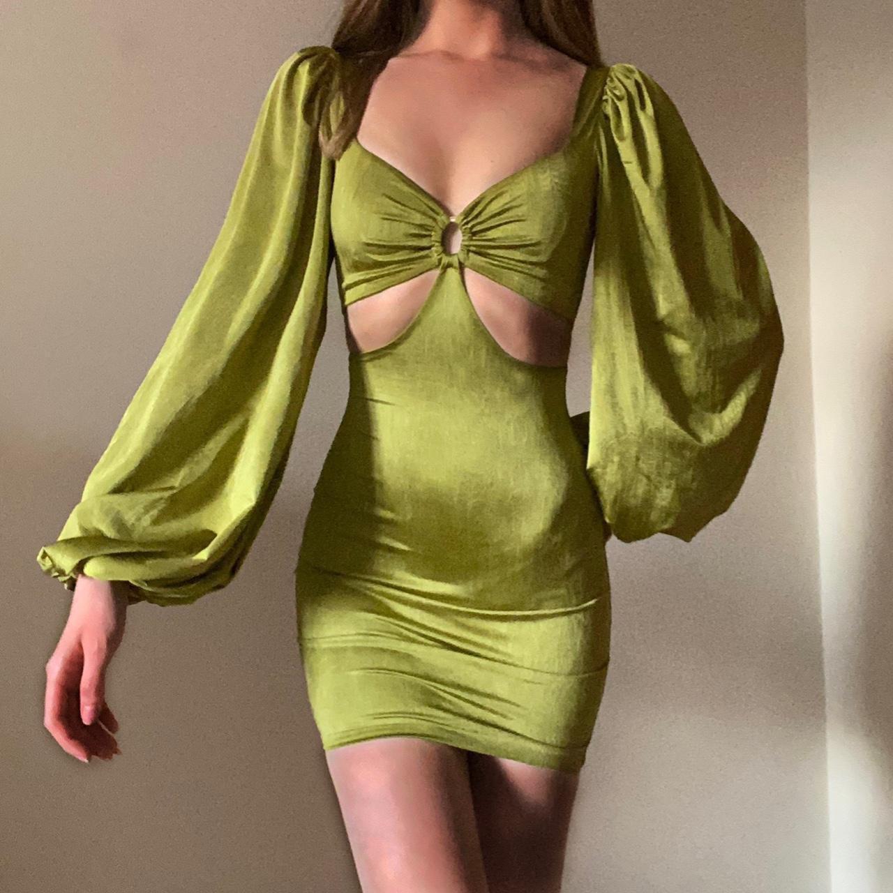 Oh Polly Women's Khaki and Green Dress Depop