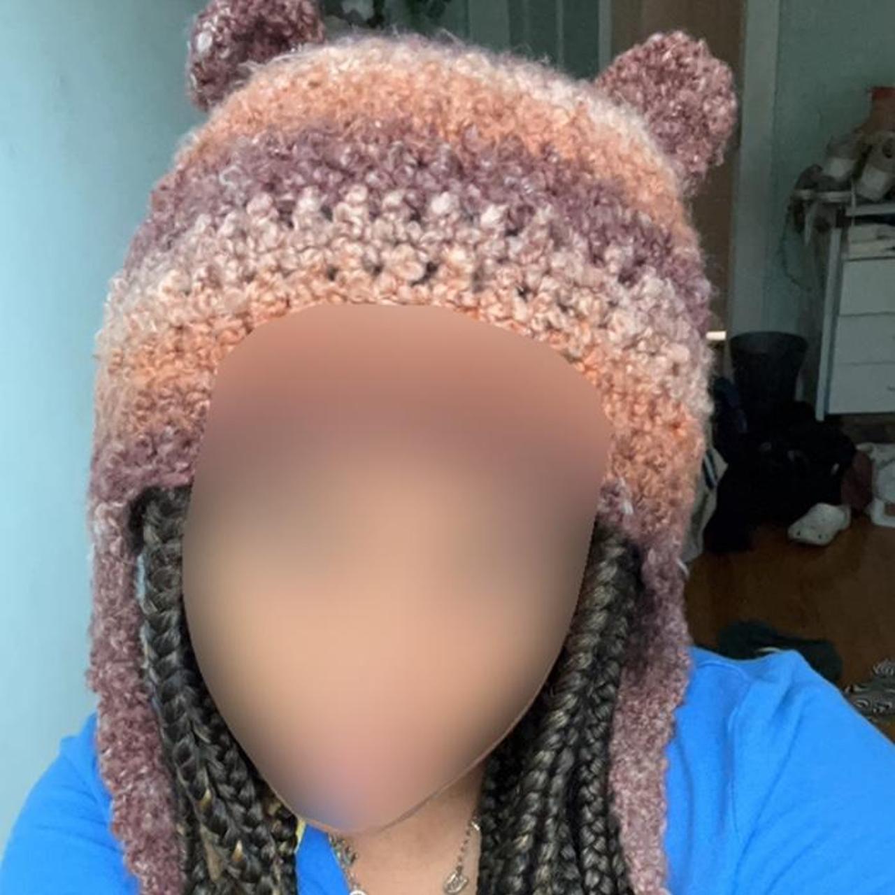 Crocheted fuzzy safety bear hat Handmade by me... Depop