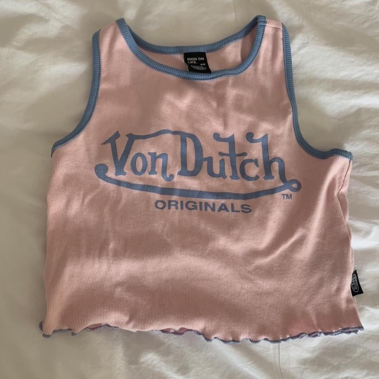 Von Dutch Women's Pink and Blue Crop-top | Depop