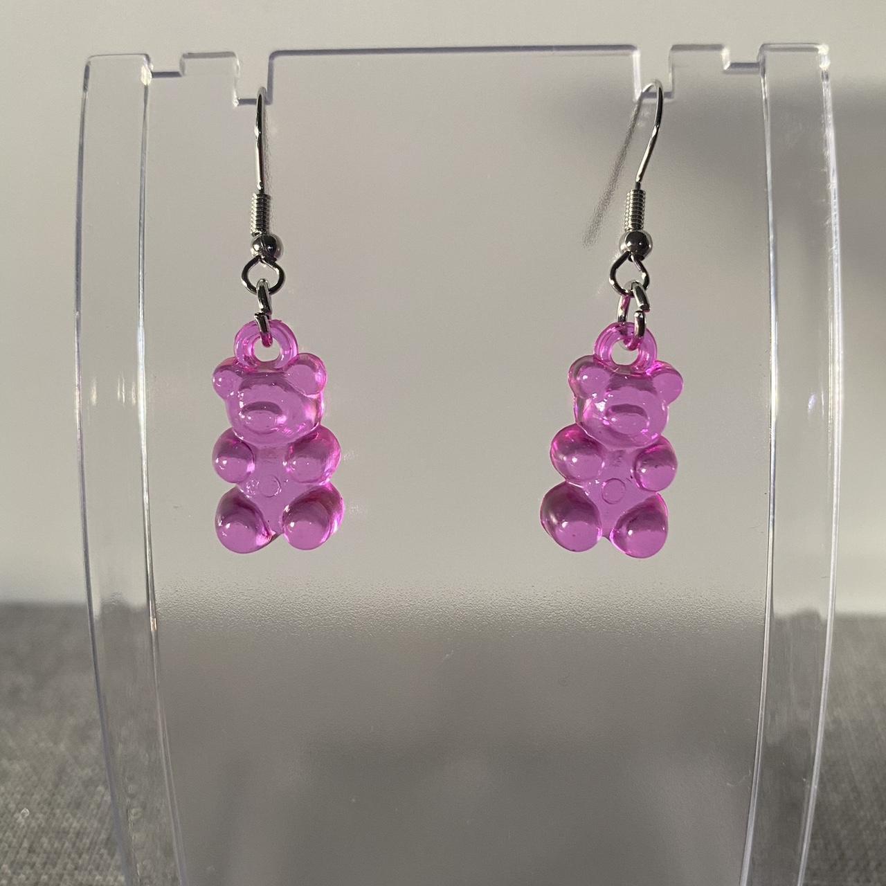 Hot pink acrylic gummy bear earrings... - Depop