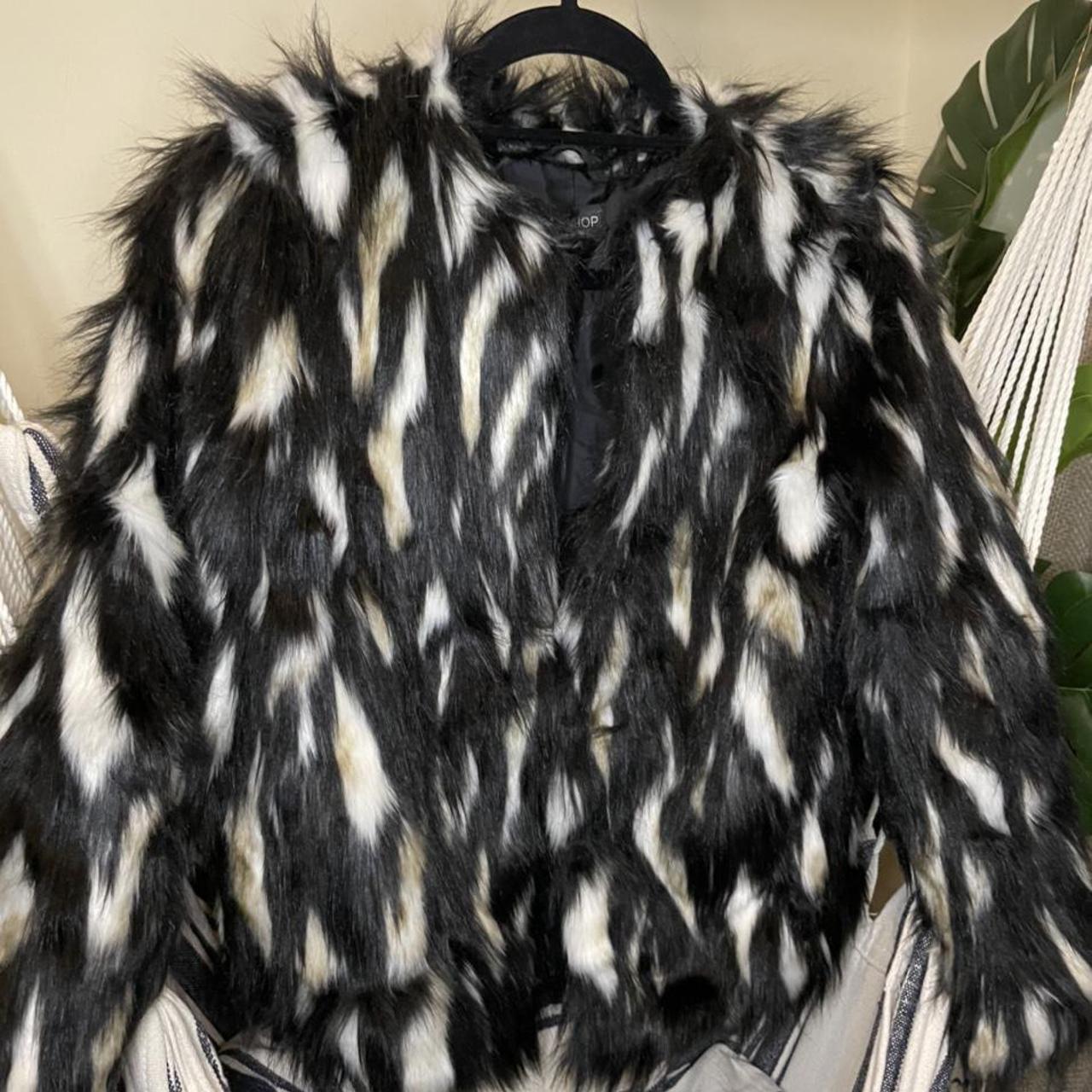 Faux Fur Topshop Jacket Black And White Pre - Depop