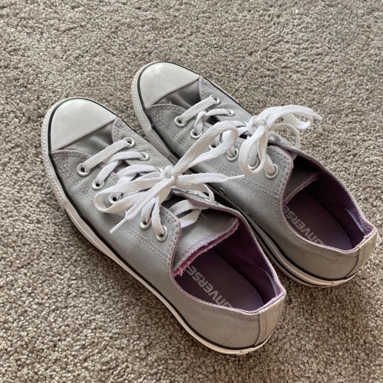 Grey convers with purple tab. Barely worn but are a... - Depop