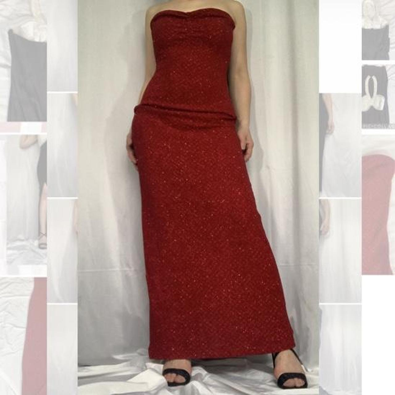 red sparkly strapless maxi dress ruched neckline... - Depop