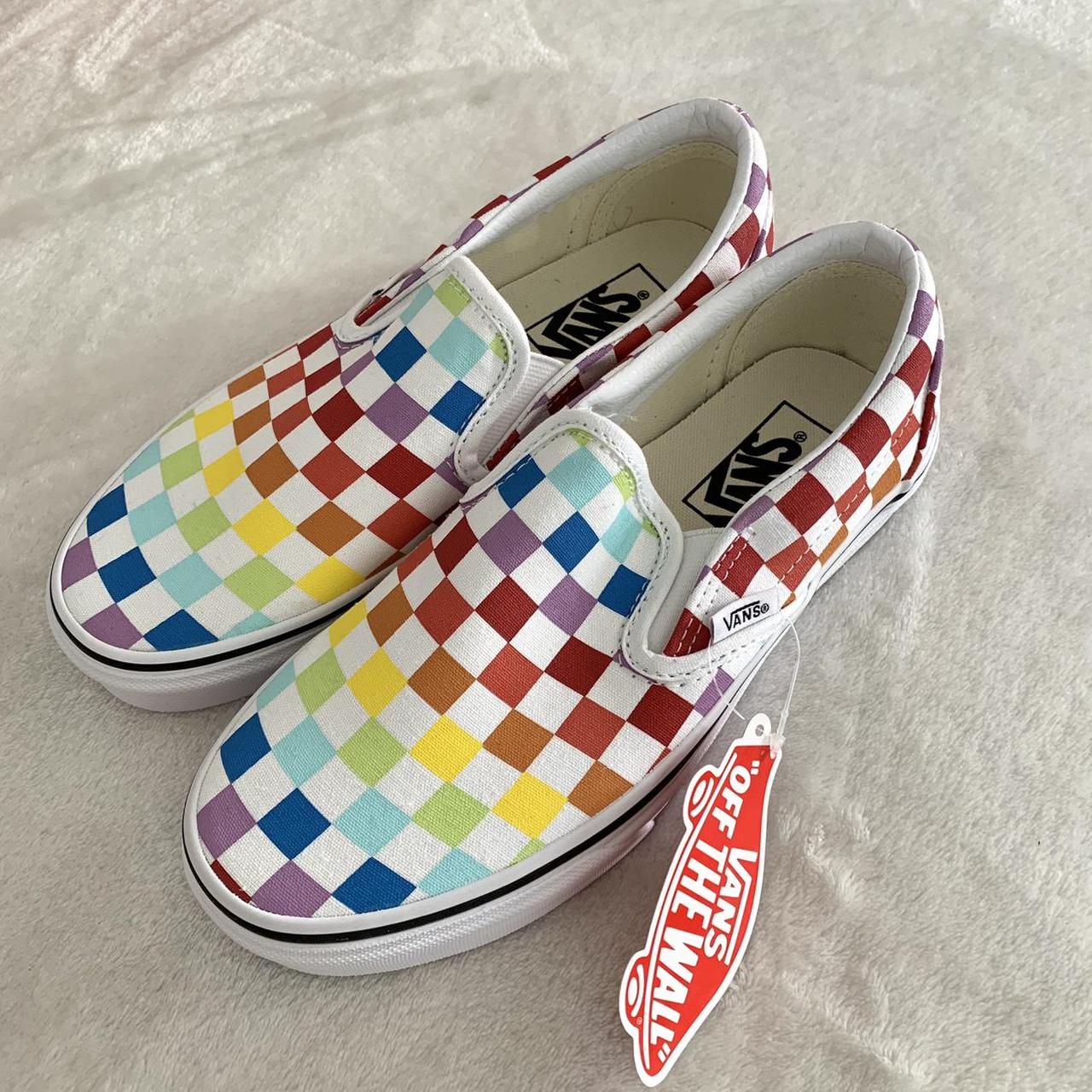 Rainbow Checkered Vans! Mens 5/Womens 6.5 Never... - Depop