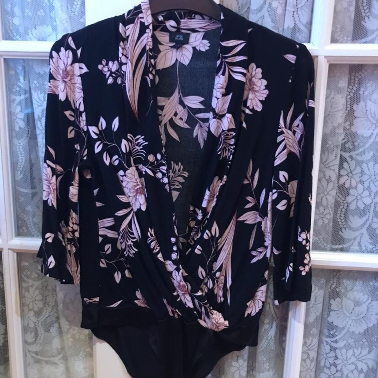 River Island black and pink floral blouse... - Depop