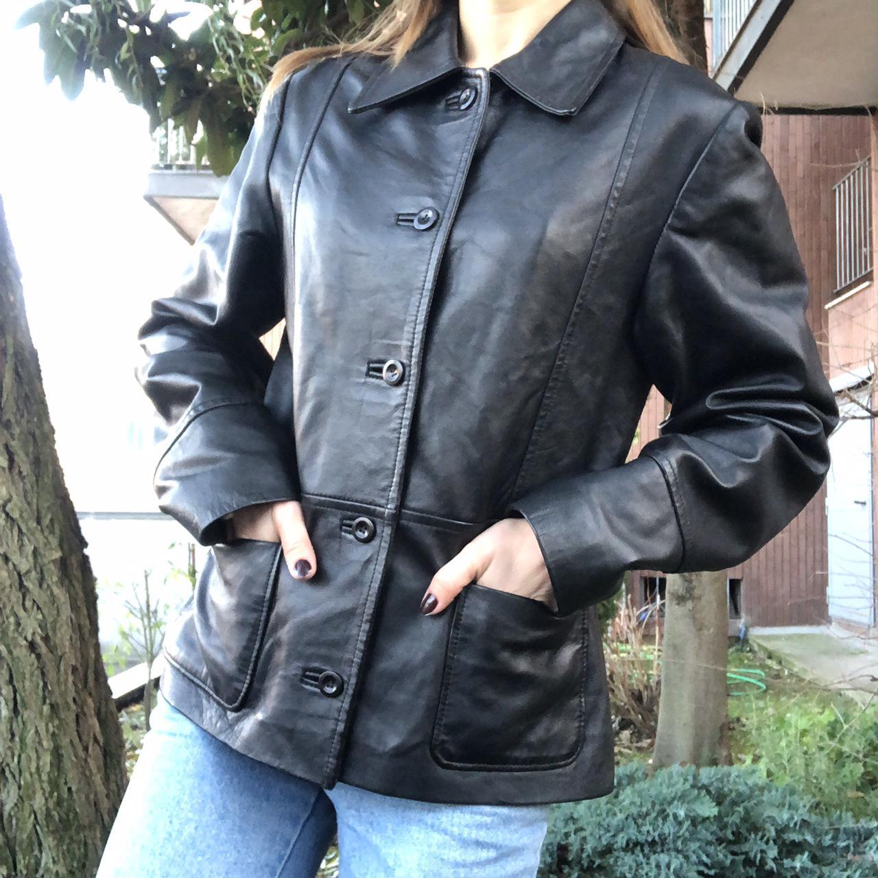 Another vintage leather jacket, two front pockets... - Depop