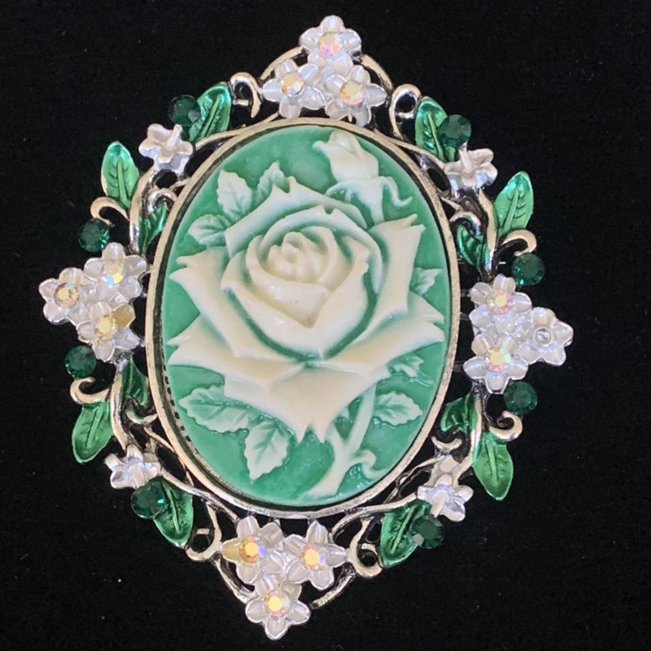 Large jade Green cameo brooch with flower & Crystal... - Depop