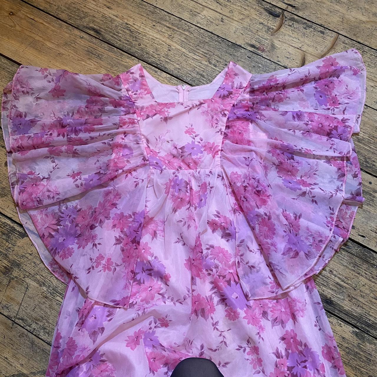 Vintage 70s Pink Floral Angel Wing Maxi Dress U K Depop