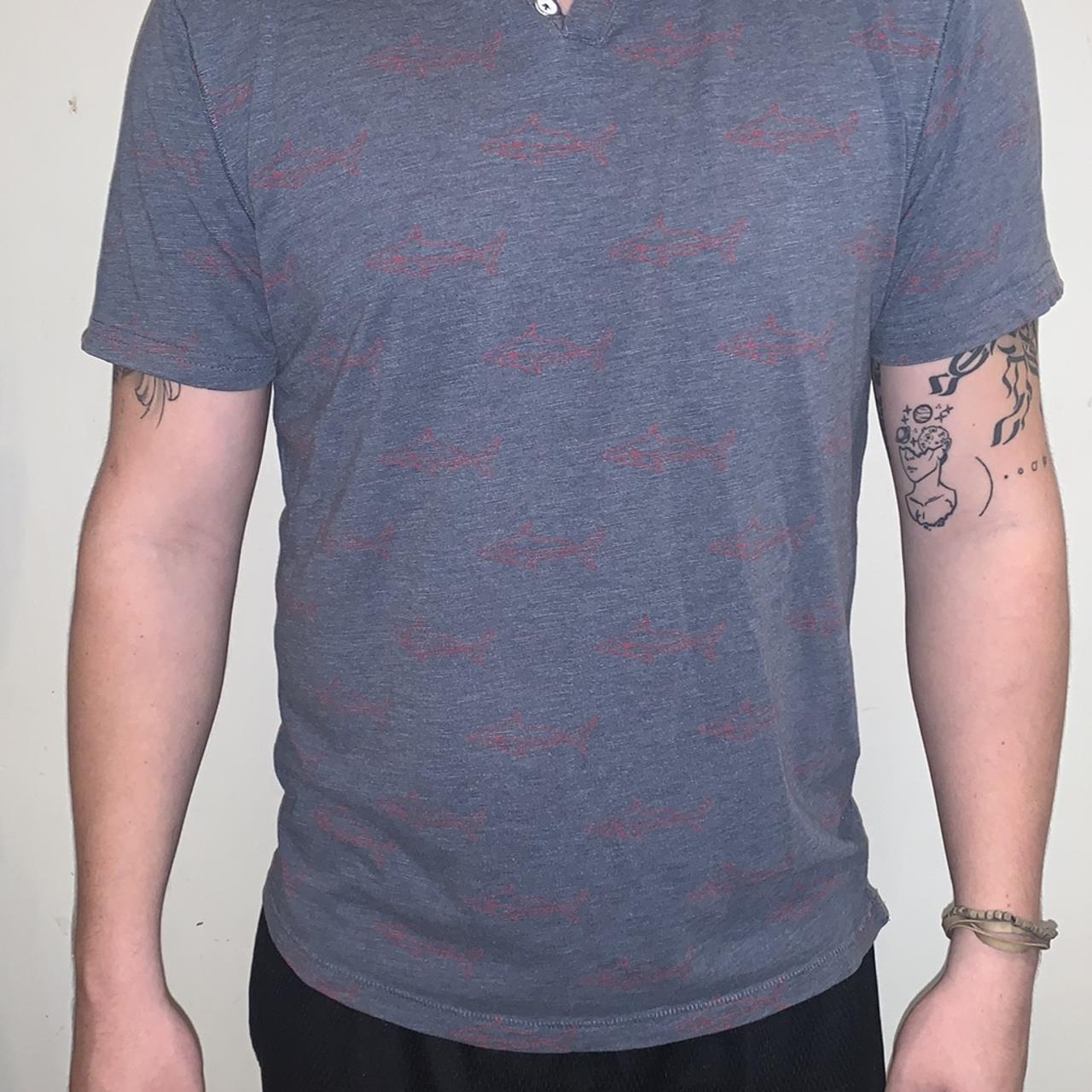 pd&c Heather Blue Shirt w/ Red Sharks, Henley Neck