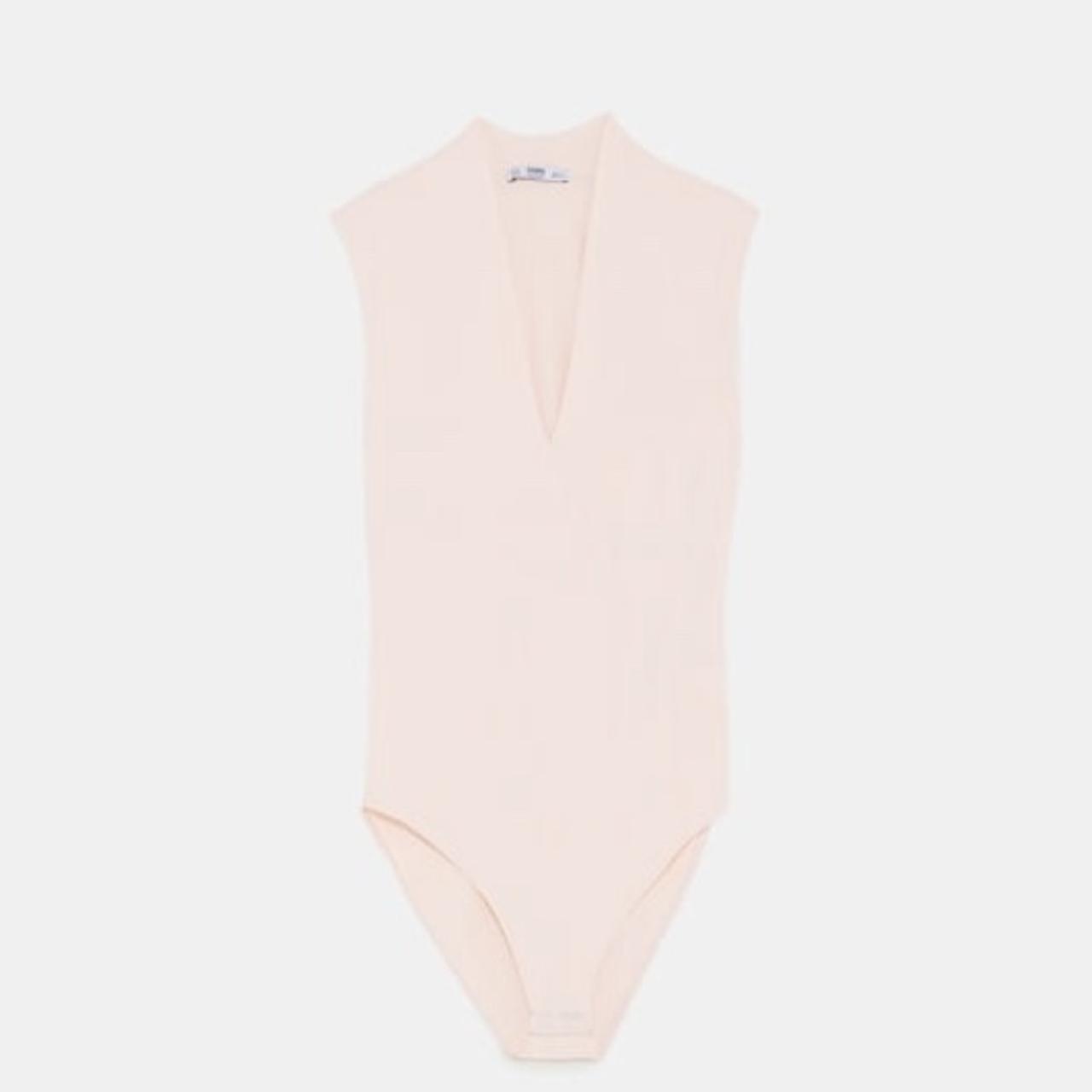 Zara pink nude plunge v neck low neck bodysuit top - Depop