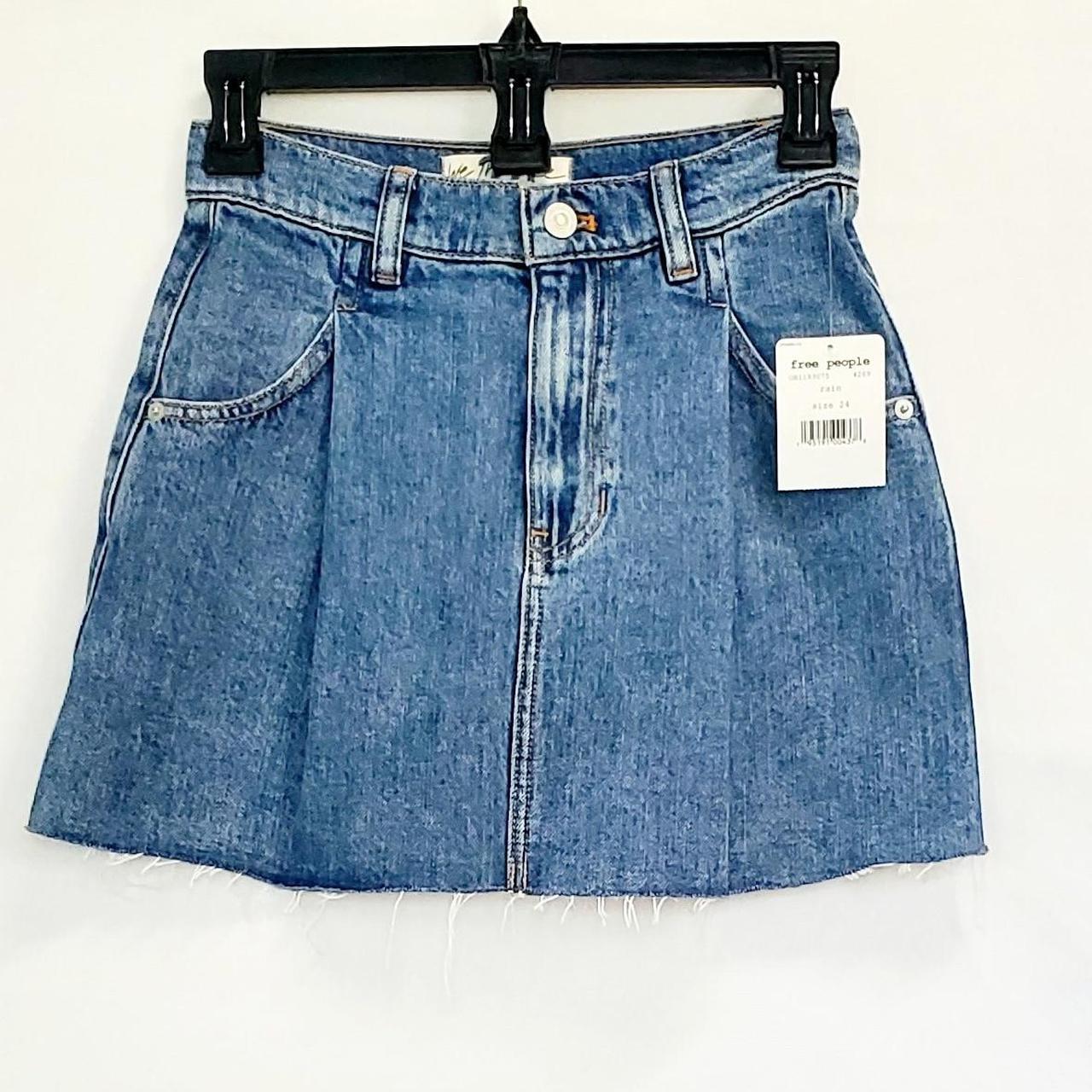 Free People pleated denim mini skirt with front... - Depop