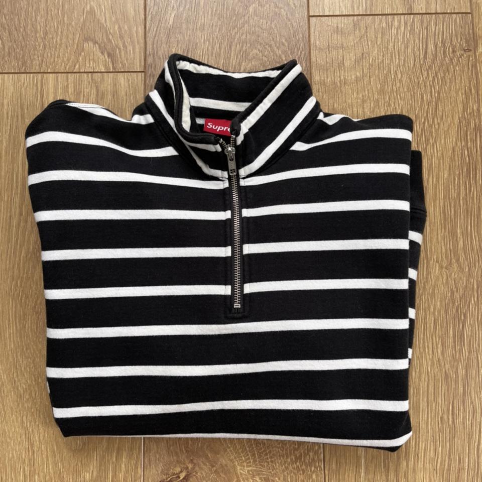 Supreme Striped Quarter Zip Black and white Worn a... - Depop