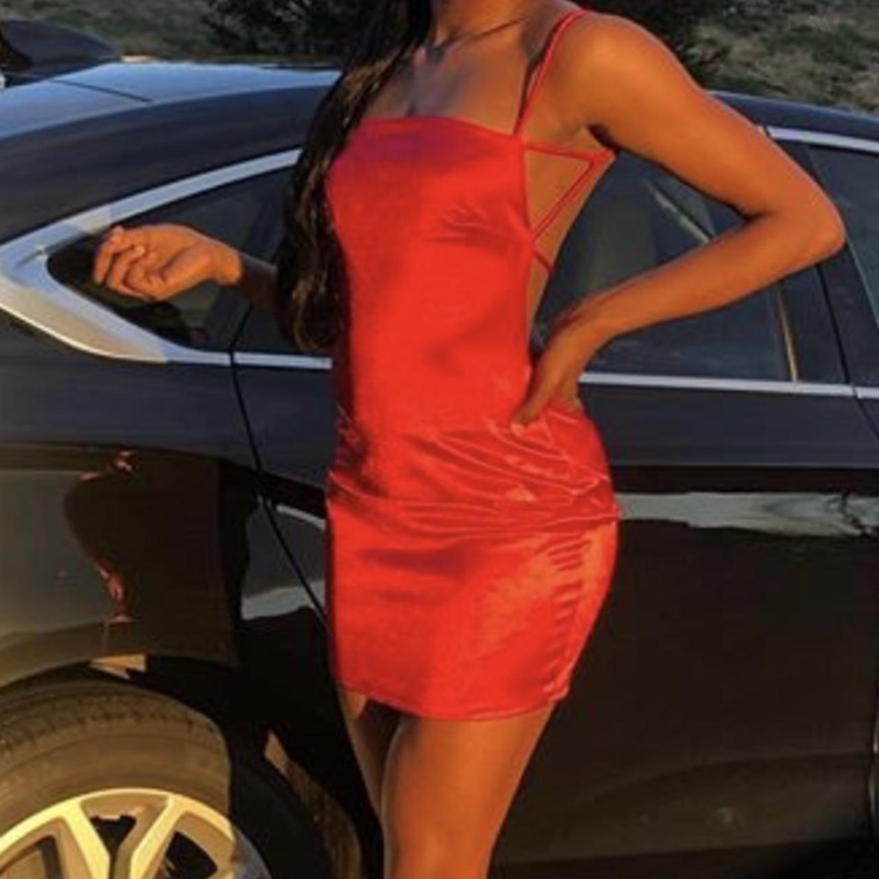 This dress is bright red and satin material. The... - Depop
