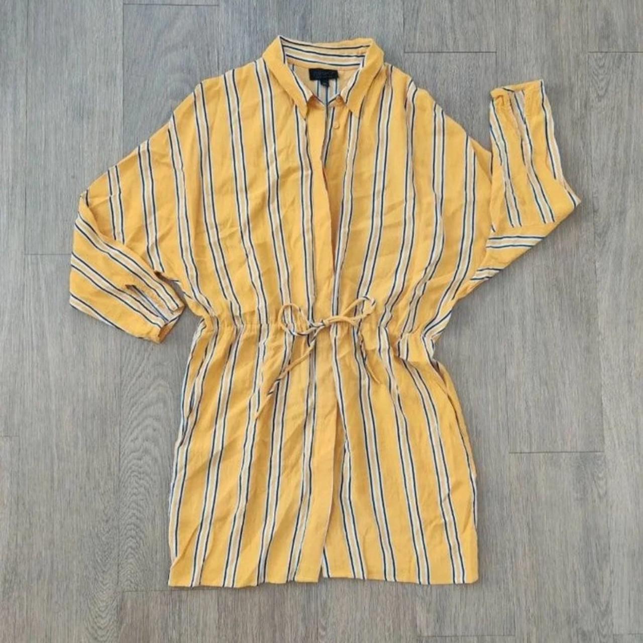 Topshop yellow striped shirt dress with a drawstring... - Depop