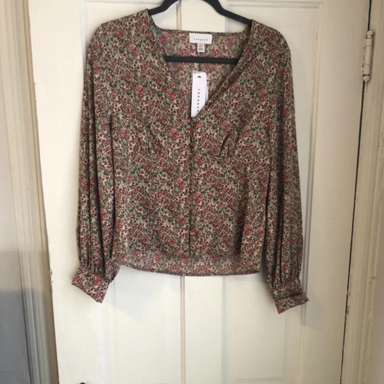 Topshop Women's Green and Cream Blouse | Depop